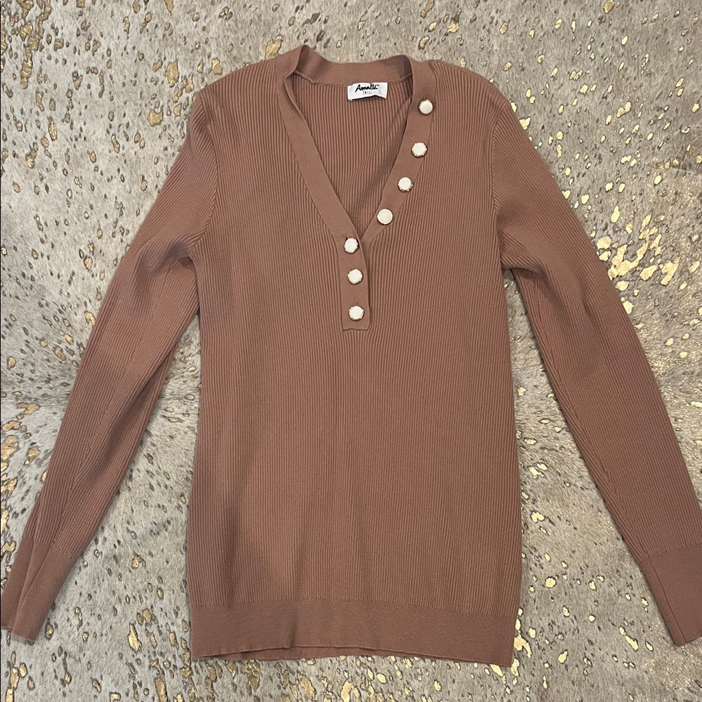 Amalli Talli Taupe V-Neck Sweater with Button Detail